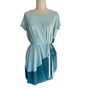 Maje Silk Levana Blue Colorblock Balloon Drape Short Sleeve Tie Mini Dress Small
